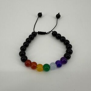 Unisex Chakra Bracelet Black Beads Rainbow Gemstones Adjustable